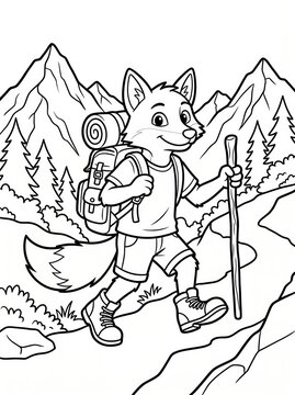 Coloring page, confident fox carrying a hiking backpack on a trail.