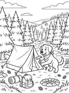 Coloring page, cute dog setting up a camping tent in a pine forest.