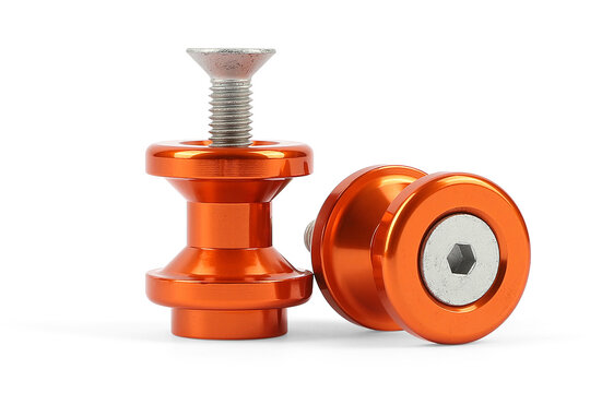 Orange Anodized Motorcycle Swingarm Spools Paddock Stand Bobbins with M8 Mounting Bolts Isolated on White Background for Motorbike Custom Accessories