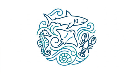 Ocean life circular illustration with shark and sea creatures. © Alkhan