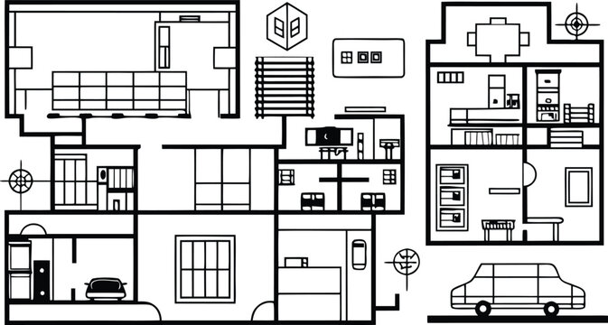 Black and white line of a residential house floor plan architectural
