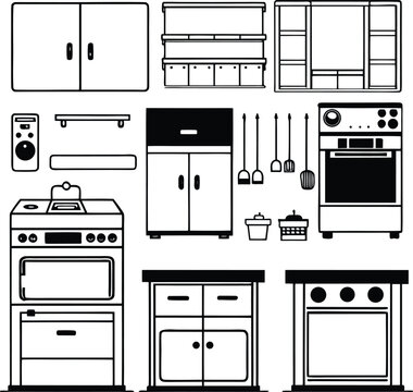 Black and white line of kitchen cabinets, appliances, and tools stove