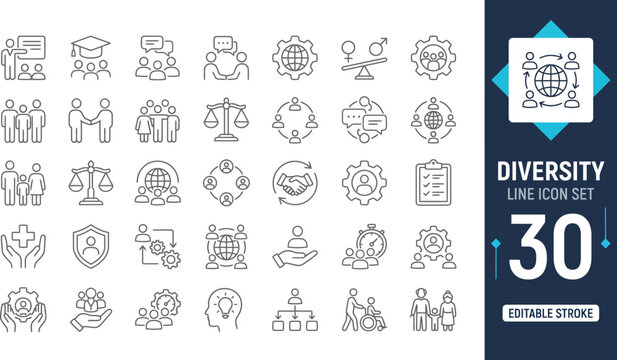Diversity line icon set featuring inclusion, equality, multicultural, accessibility, unity, tolerance, race. Professional editable vector illustration for corporate app and UI UX design.
