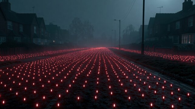 An army of tiny identical devices marches in a red formation along a dark street in a suburban neighborhood at night.