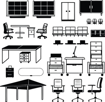 Black and white line of office furniture and equipment desk chair