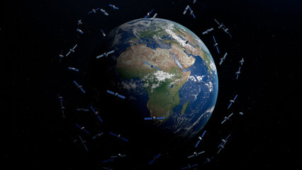 Satellites orbiting Earth with solar panels extended, surrounding the planet in space. © Piotr Adamczyk