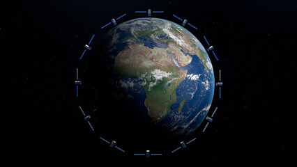 Satellites orbiting Earth with solar panels extended, positioned around the planet’s curvature. © Piotr Adamczyk