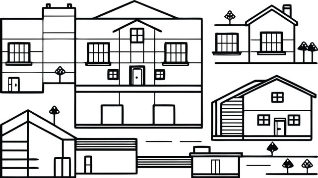 Black and white line of various urban residential buildings house