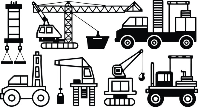 Black and white of construction vehicles and heavy machinery crane