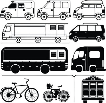 Black and white of various urban vehicles, vans, and bicycles truck