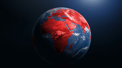 Fototapeta premium Earth viewed from space with Africa and Eurasia highlighted in red, oceans blue, clouds white, against a starry night sky.