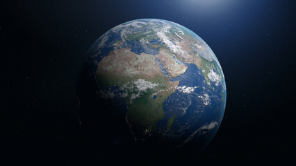 Fototapeta premium Earth viewed from space with Africa and Eurasia visible, partially illuminated by sunlight, surrounded by stars and clouds.