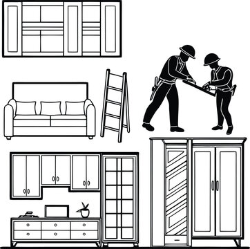 Furniture installation with workers, sofa, and cabinets, black