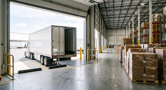 Open warehouse dock with truck trailer outside and wrapped pallets staged inside near yellow safety posts in an industrial logistics warehouse
