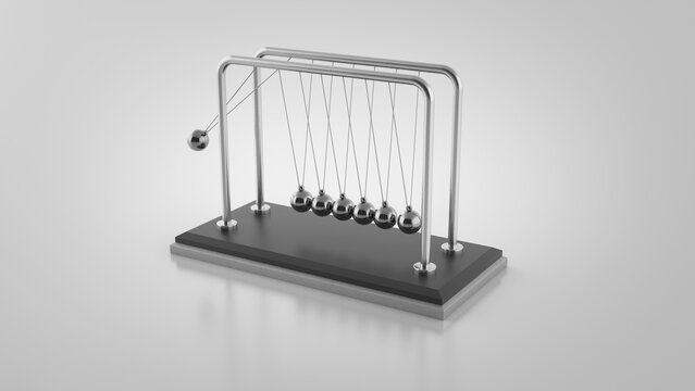 Newton's cradle with one ball lifted and ready to swing, resting on a black base against a plain gray background, featuring polished chrome spheres and metal frame.