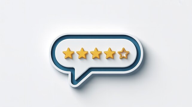 3D speech bubble with golden stars for customer feedback. Glossy chat icon highlighting positive reviews and high ratings.