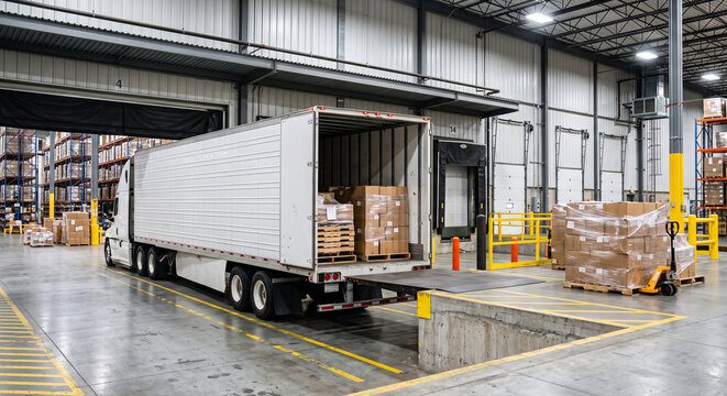 White truck trailer parked inside a warehouse loading bay with wrapped pallets and yellow safety rails in an industrial logistics warehouse