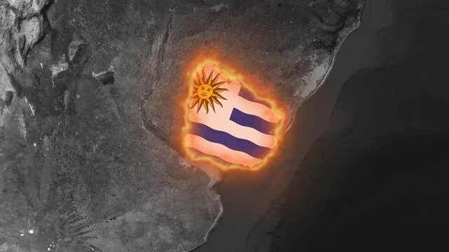 Uruguay map with burning flag animation south american country concept
