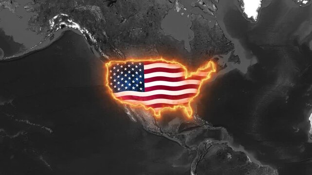 Glowing usa map with waving american flag animation