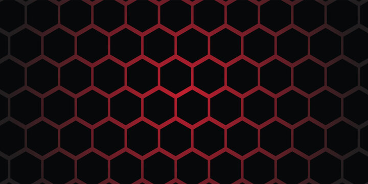 Abstract dark background with a glowing red hexagon grid pattern. Modern minimalist technology texture for creative digital backdrops and futuristic graphic designs.