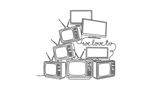 A hand drawn sketch of a stack of vintage and modern televisions.
