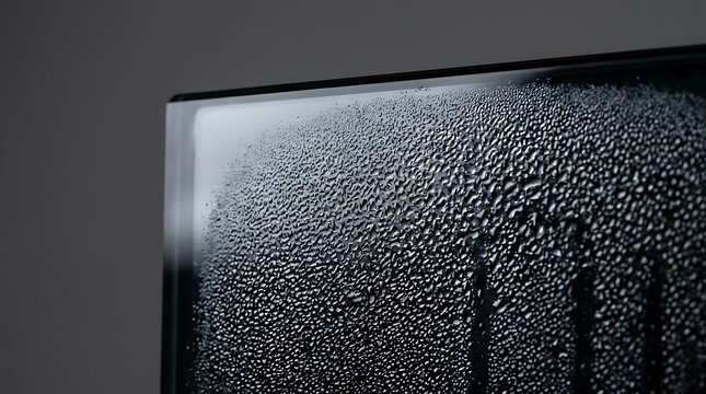 Close up of water droplets condensation on glass pane corner against a dark background