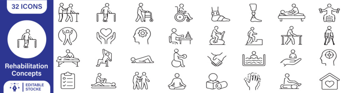 32 Rehabilitation Vector Outline Icons Set &ndash; Physical Therapy, Recovery, Physiotherapy, Mobility Support, Occupational Therapy and Healthcare Line Symbols Collection