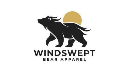 Fototapeta premium Windswept Bear Apparel Logo Design Featuring A Walking Grizzly Silhouette With Sun.