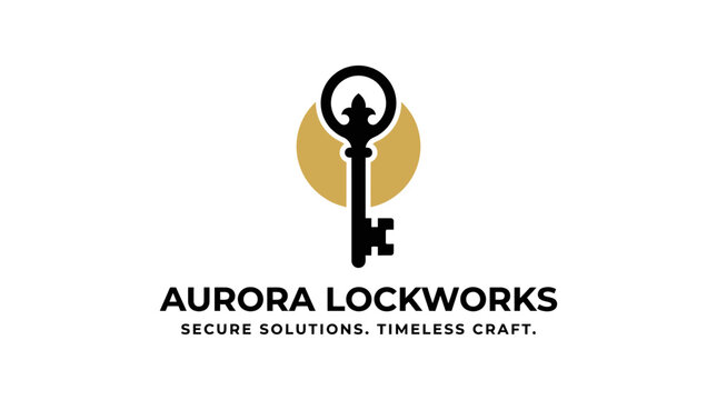 Professional Aurora Lockworks logo design featuring a vintage skeleton key.