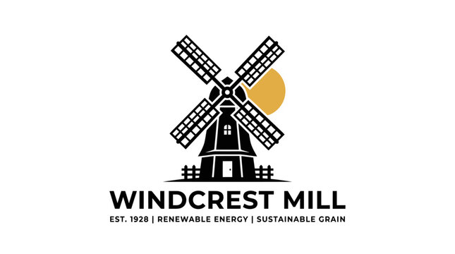 Windcrest Mill Logo Featuring Windmill and Sun Icon.