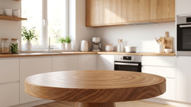 Empty round wooden table top on blurred modern kitchen interior background for product display mockup presentation.