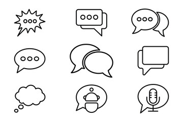 Speech bubble outline icon set with minimal line art vector collection. Features chat, dialogue, thought, microphone, chatbot, comic burst, and message symbols in clean editable vector style. © CreativeDesignStudio