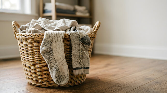 Wicker laundry basket full of clothes on a wooden floor. Thick wool socks hanging over the edge. Household chores and domestic life concept