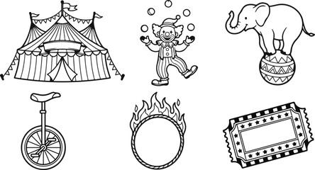 Circus elements vector outline set for coloring book page with big top tent, juggling clown, elephant on ball, uni © Ak Azad