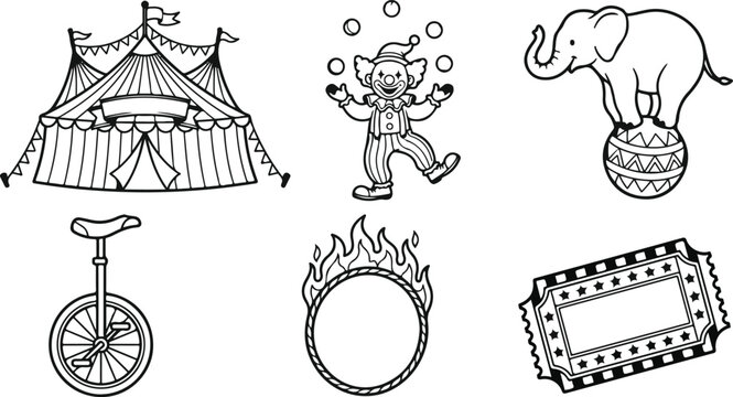 Circus elements vector outline set for coloring book page with big top tent, juggling clown, elephant on ball, uni