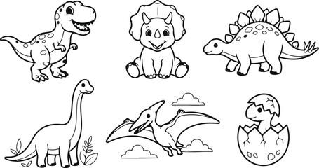 Cute dinosaurs vector outline set for coloring book page with T-Rex, Triceratops, Stegosaurus, Brachiosaurus, Pterodactyl, and baby dino in egg © Hello World