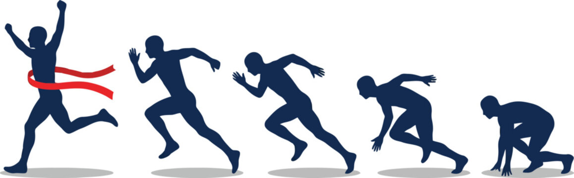 Progression of a runner from starting blocks to finishing line