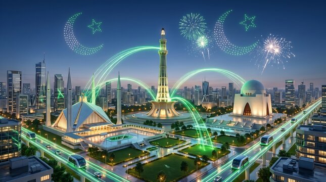 Futuristic Pakistan Independence Day Cityscape with Minar e Pakistan Faisal Mosque and Mazar e Quaid