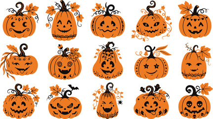 Fototapeta premium Set of fifteen hand drawn watercolor style halloween pumpkin jack o lantern illustrations isolated on white background.