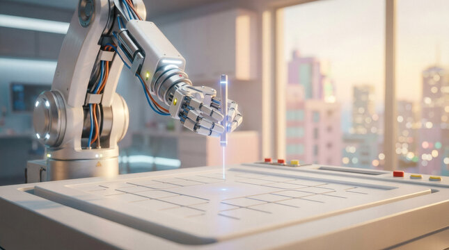 A precise sleek robotic mechanical medical arm holding a glowing soft blue laser pointer over an abstract clean white grid surface. Concept of advanced automated surgery, medtech future
