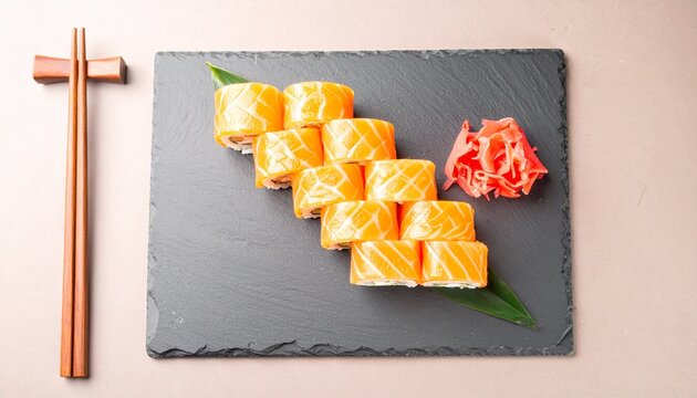 salmon sushi rolls with pickled ginger on slate board