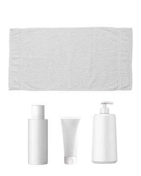 Set of cosmetic products and clean towel on light background. Cosmetic cream and bottle mockup, bath scene creator. disposable cosmetic travel bottle. 3d rendering. 