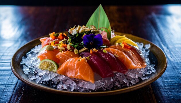 sashimi platter with salmon and tuna on ice served on dark wood