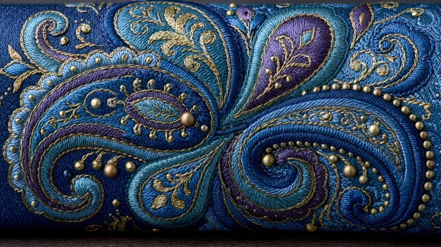 Vibrant Embroidered Blue Paisley Design Detail