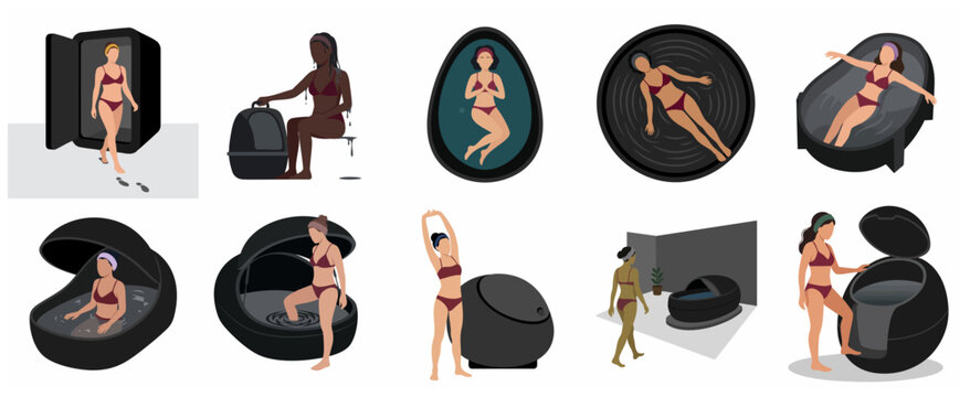 Set of women using sensory deprivation float tanks and cryotherapy pods for wellness and meditation therapy, flat vector illustration