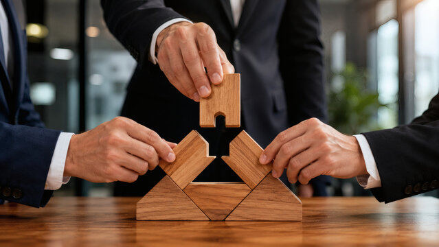 Business team putting together wooden puzzle piece on oak table, solution concept
