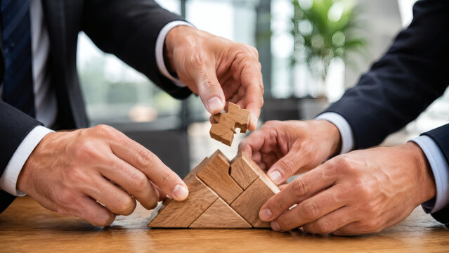 Business team putting together wooden puzzle piece on oak table, solution concept