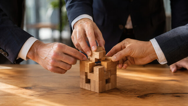 Business team putting together wooden puzzle piece on oak table, solution concept