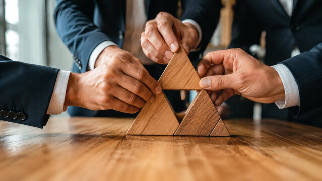 Business team putting together wooden puzzle piece on oak table, solution concept