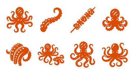 Red octopus and seafood silhouette icons set. © reihan